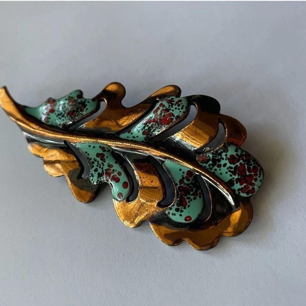 ❗️FINAL SALE❗️ Copper Green Enamel Leaf‎ Brooch Pin Floral Jewelry Pin